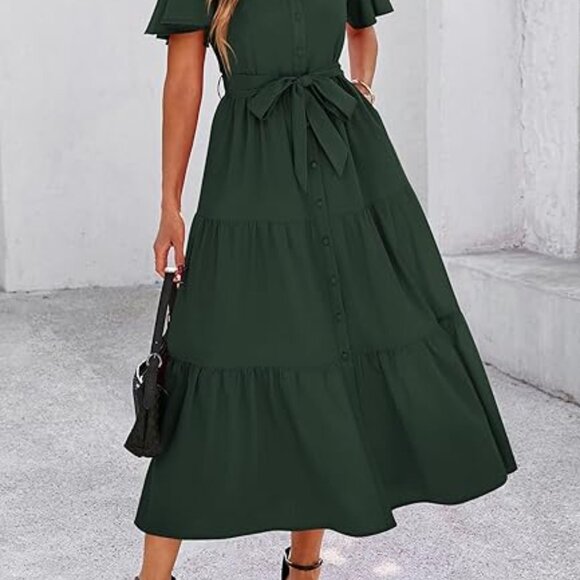 KIRUNDO Button Down Shirt Dress  Maxi Flutter Shoulder - Picture 5 of 6